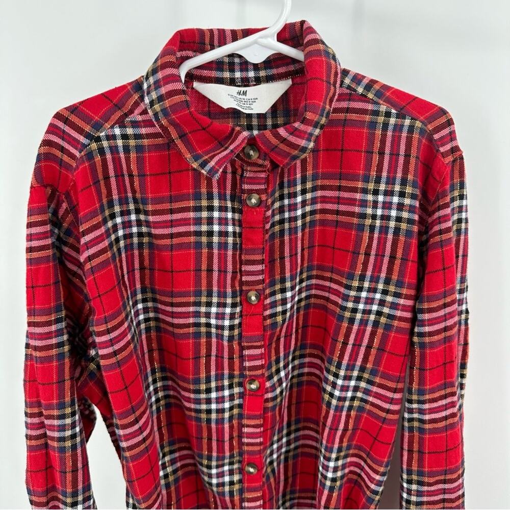 H&M girl’s belted red checkered plaid button down shirt dress Size US 10 - Picture 2 of 8